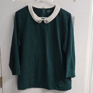 LOFT Teal Blouse with Cream Jeweled Collar Size XL